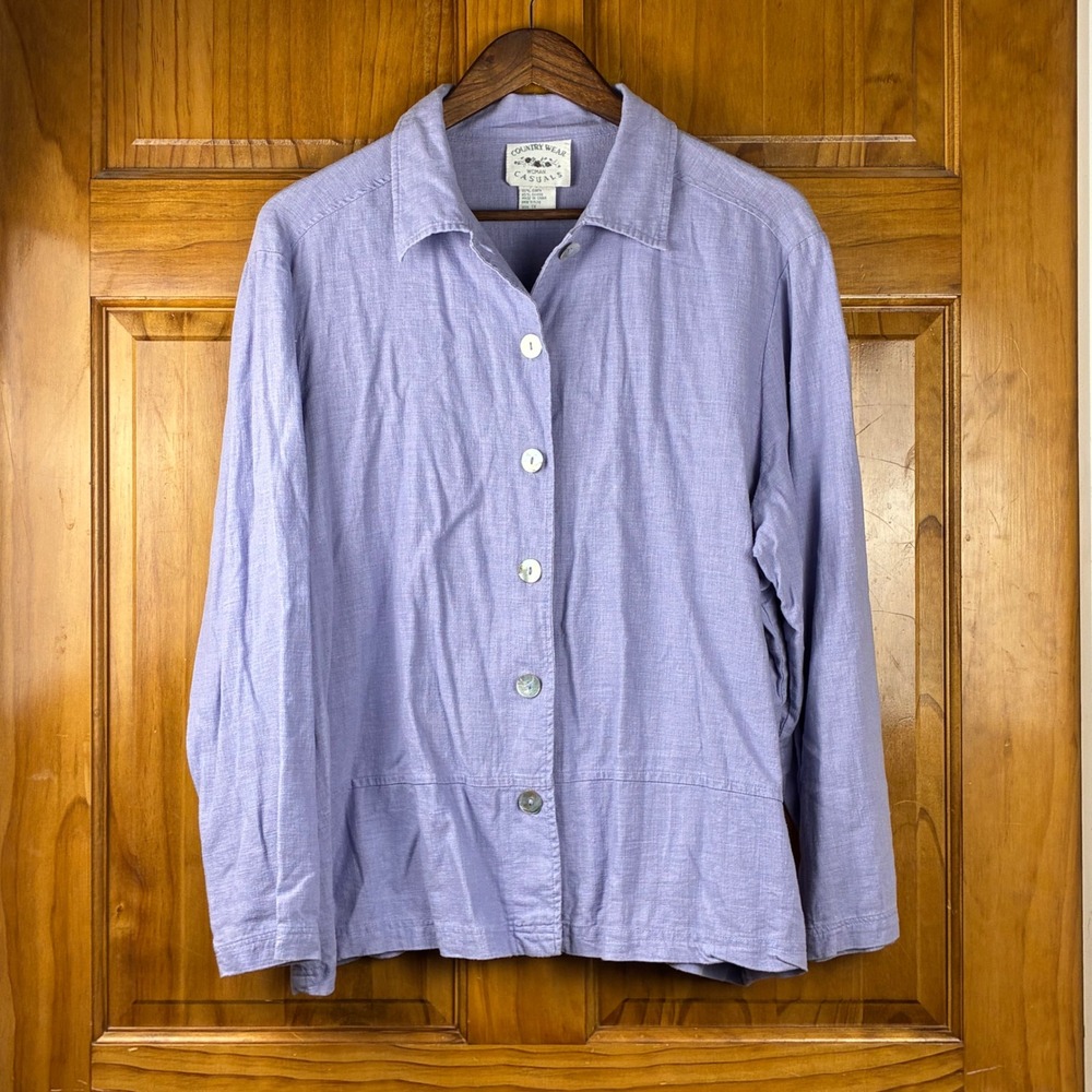 Country Wear Woman Casuals Vtg Purple Linen Blend Button Up Shirt 1X Lagenlook